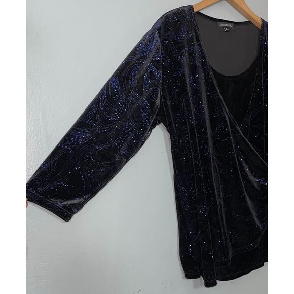 Black Velvet Blue Sparkle Layered Wrap Top Size XL Dark Romantic Whimsigoth - Picture 2 of 11